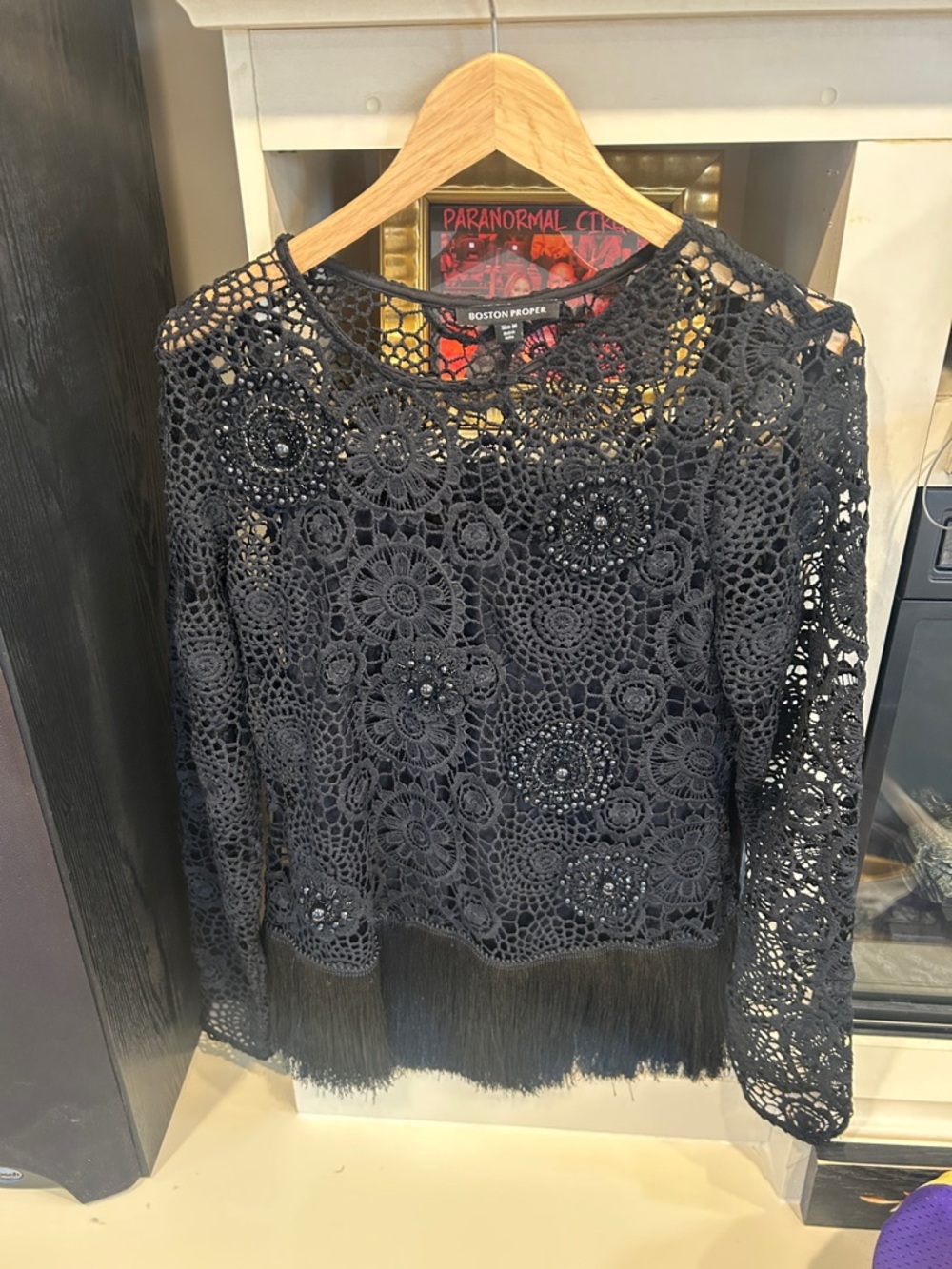 Boston Proper Black Crochet Fringe Long Sleeve Blouse